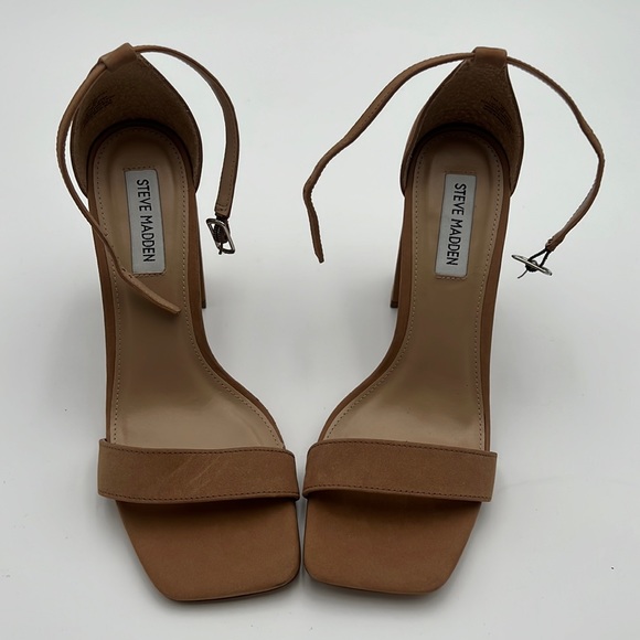 Steve Madden Shoes - STEVE MADDEN Womens Beige Tiaa Square Toe Block Heel Leather Heeled Sandal